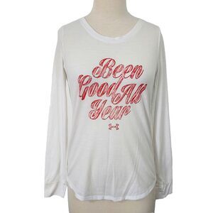 Under Armour Heat Gear Long Sleeve T Shirt Top Medium White Pullover Christmas